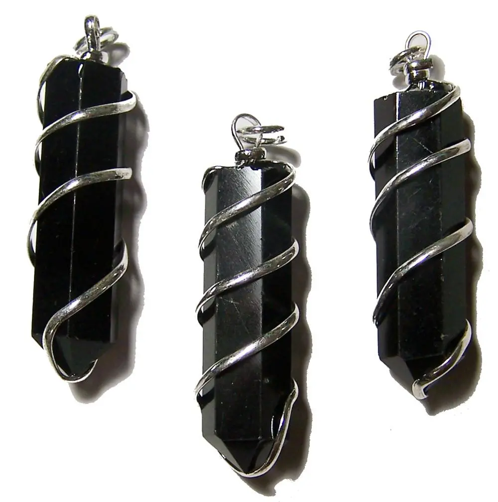 Black Obsidian Coil Wrapped Point Stone Pendant 1