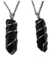 Black Obsidian Wrapped Stone 18 Inch Silver Chian Necklace 1