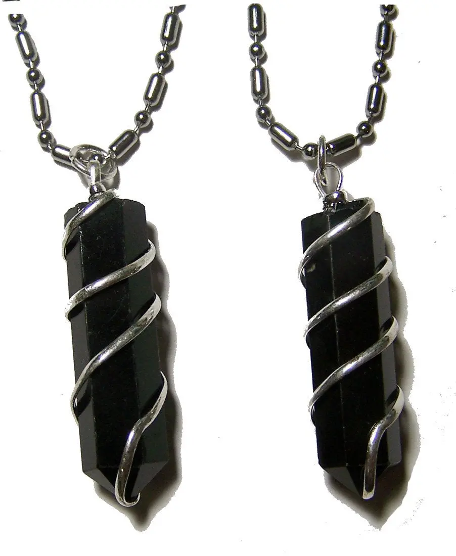 Black Obsidian Coil Wrapped Stone Stainless Steel Ball Chian Necklace 1