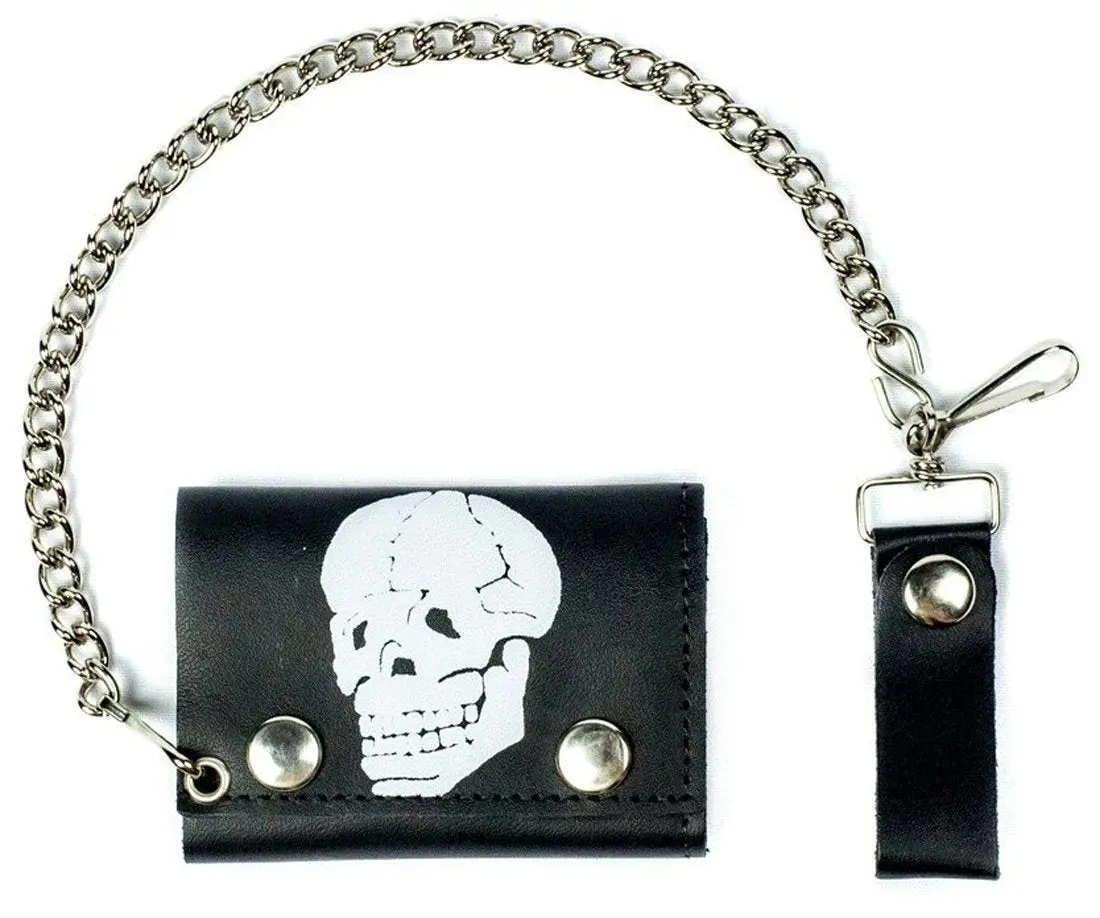 Bone Head Skull Trifold Leather Wallets With Chain 1