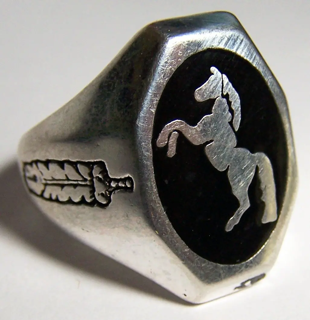 Rearing Horse With Feather Sides Silver Deluxe Biker Ring 1