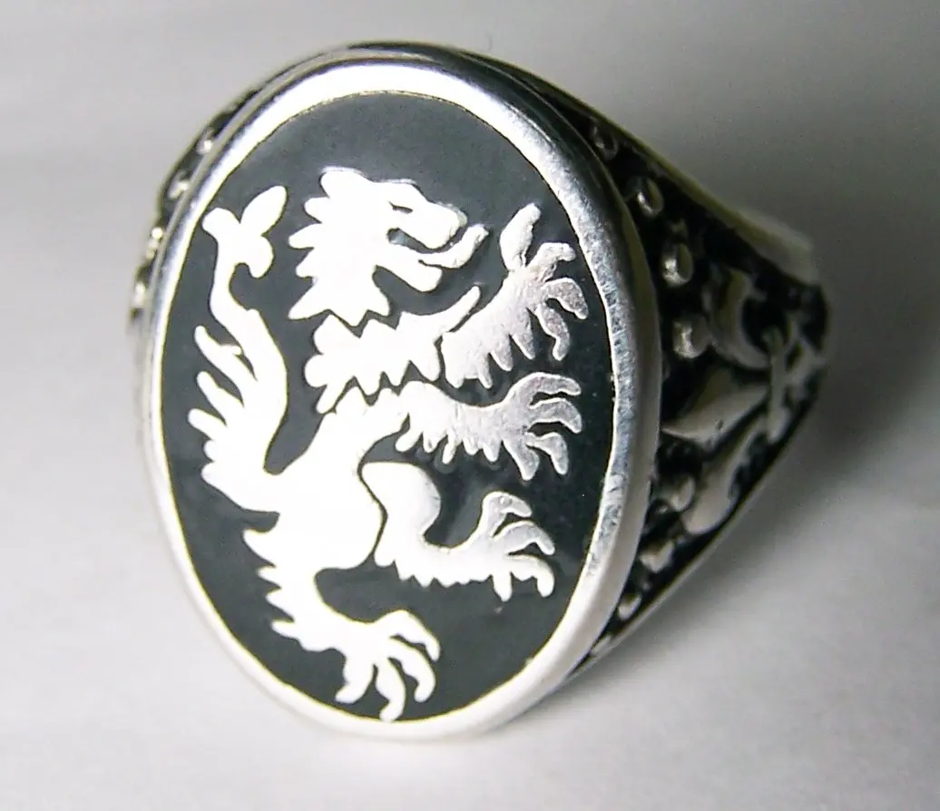 Inlayed Griffin Dragon Silver Deluxe Biker Ring 1