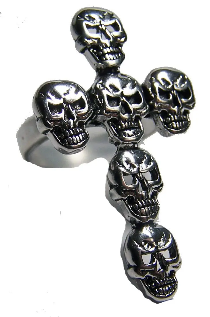 Large Cross Skull Heads Biker Ring 1
