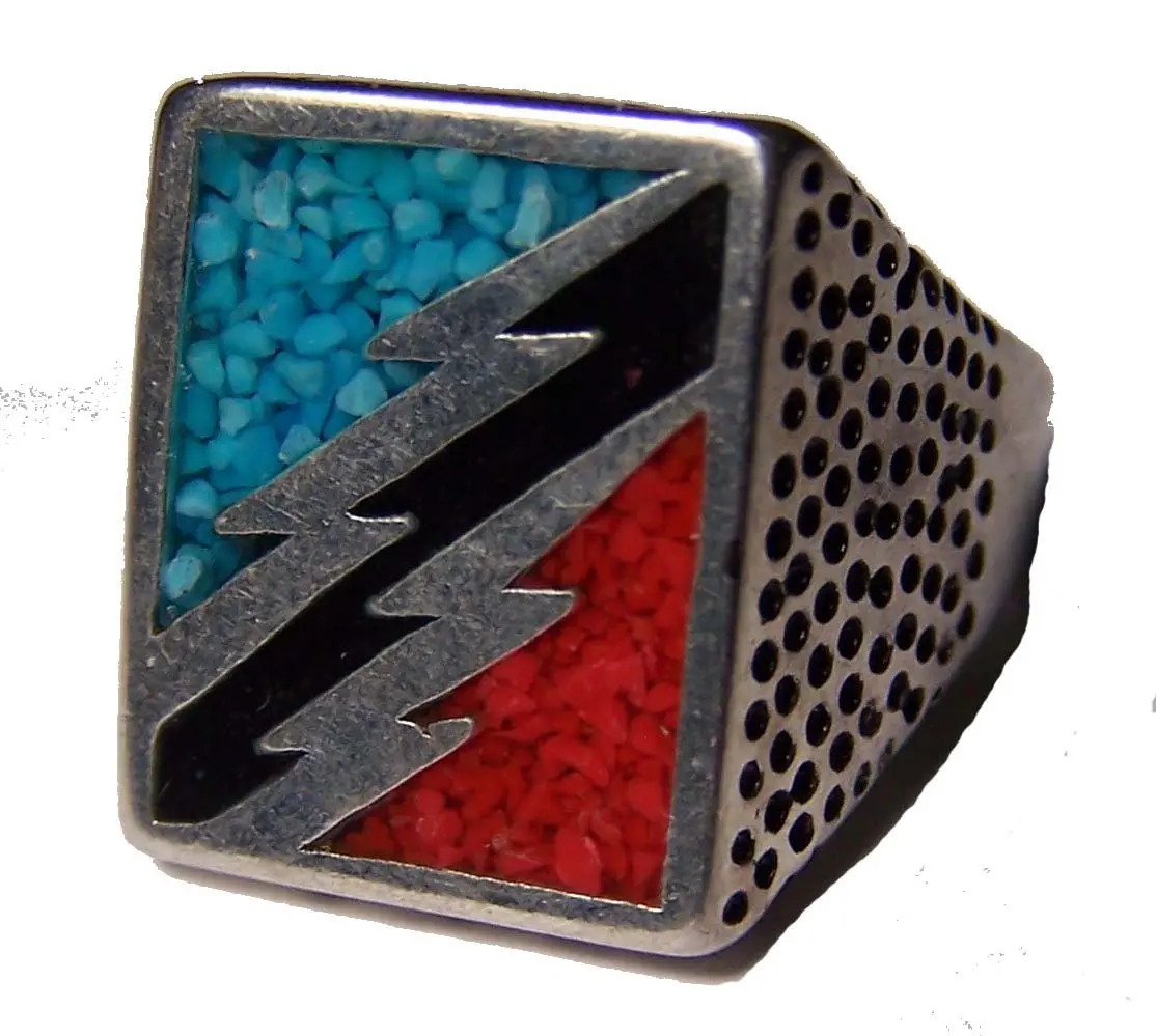 Inlayed Native Style Lightning Bolts Silver Deluxe Biker Ring 1