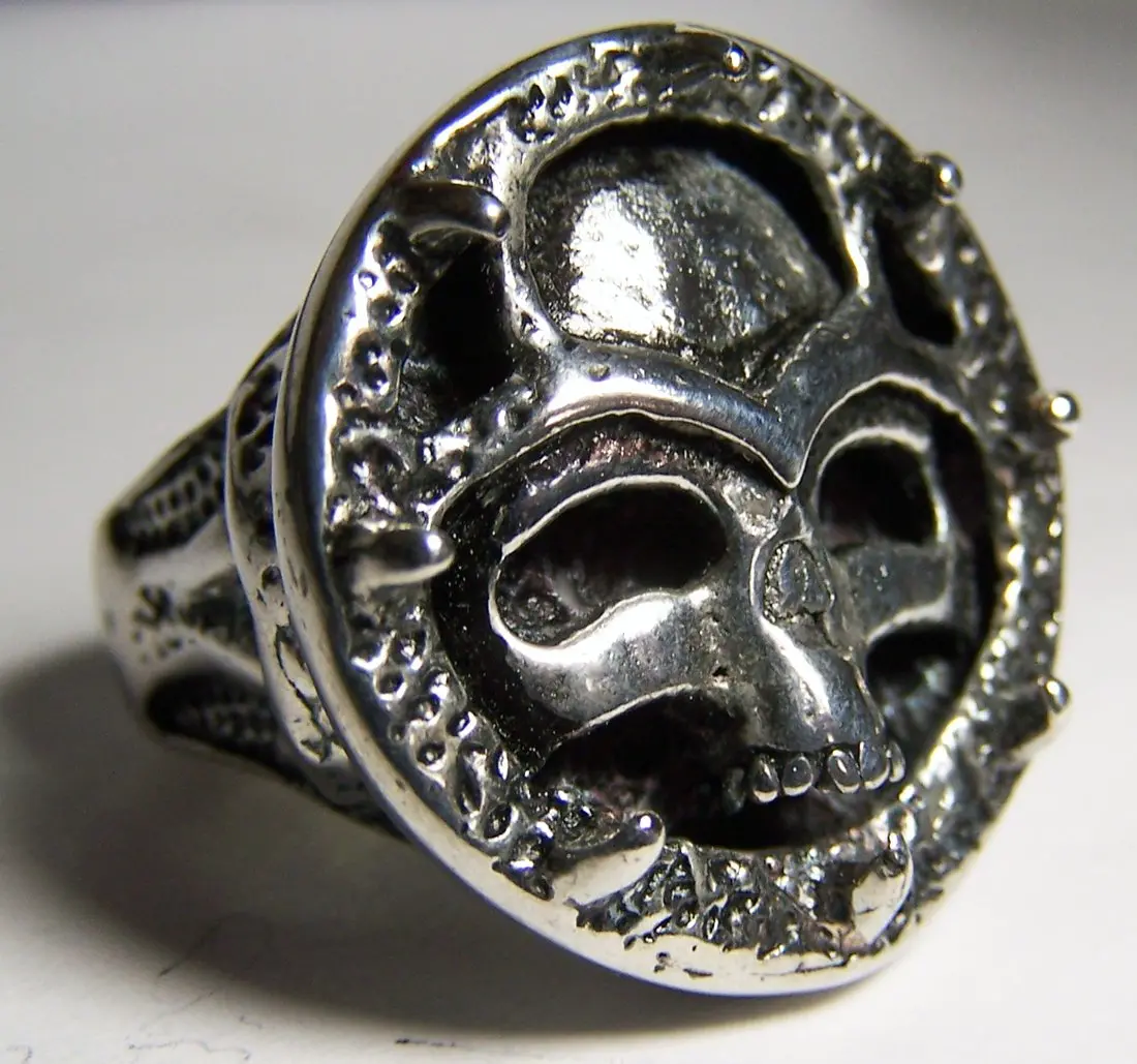 Skull Head In Circle Of Spikes Deluxe Biker Ring 1
