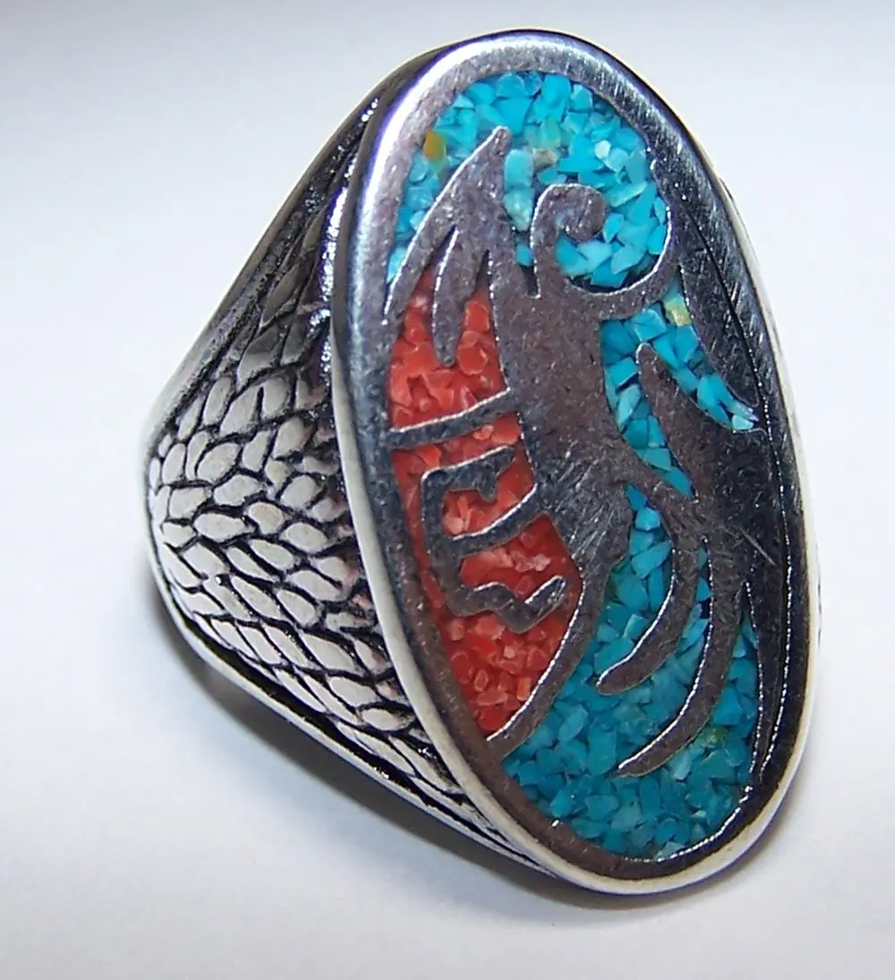 Inlayed Native Dragon Silver Deluxe Biker Ring 1