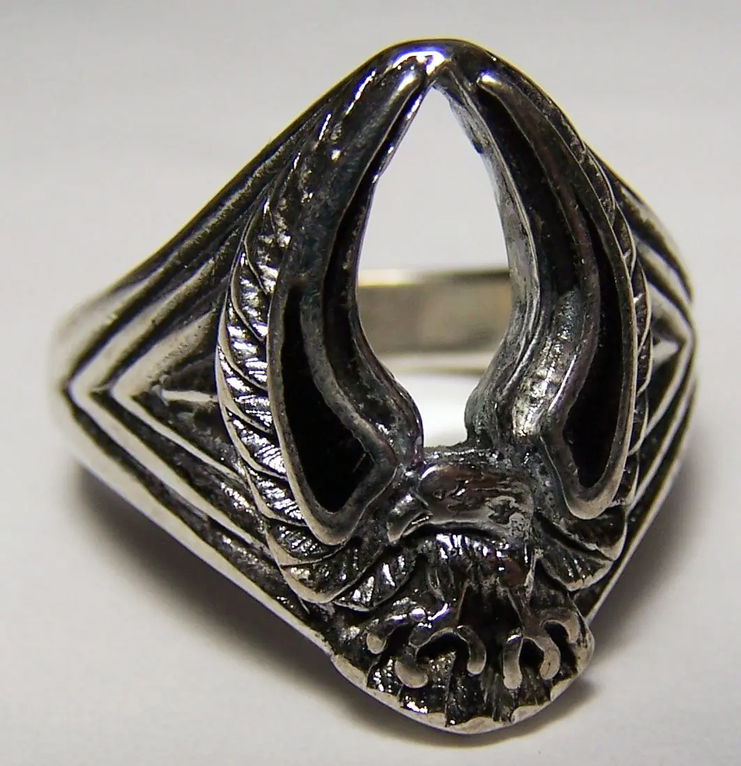 Eagle W Inlayed Wings Up Silver Deluxe Biker Ring 1