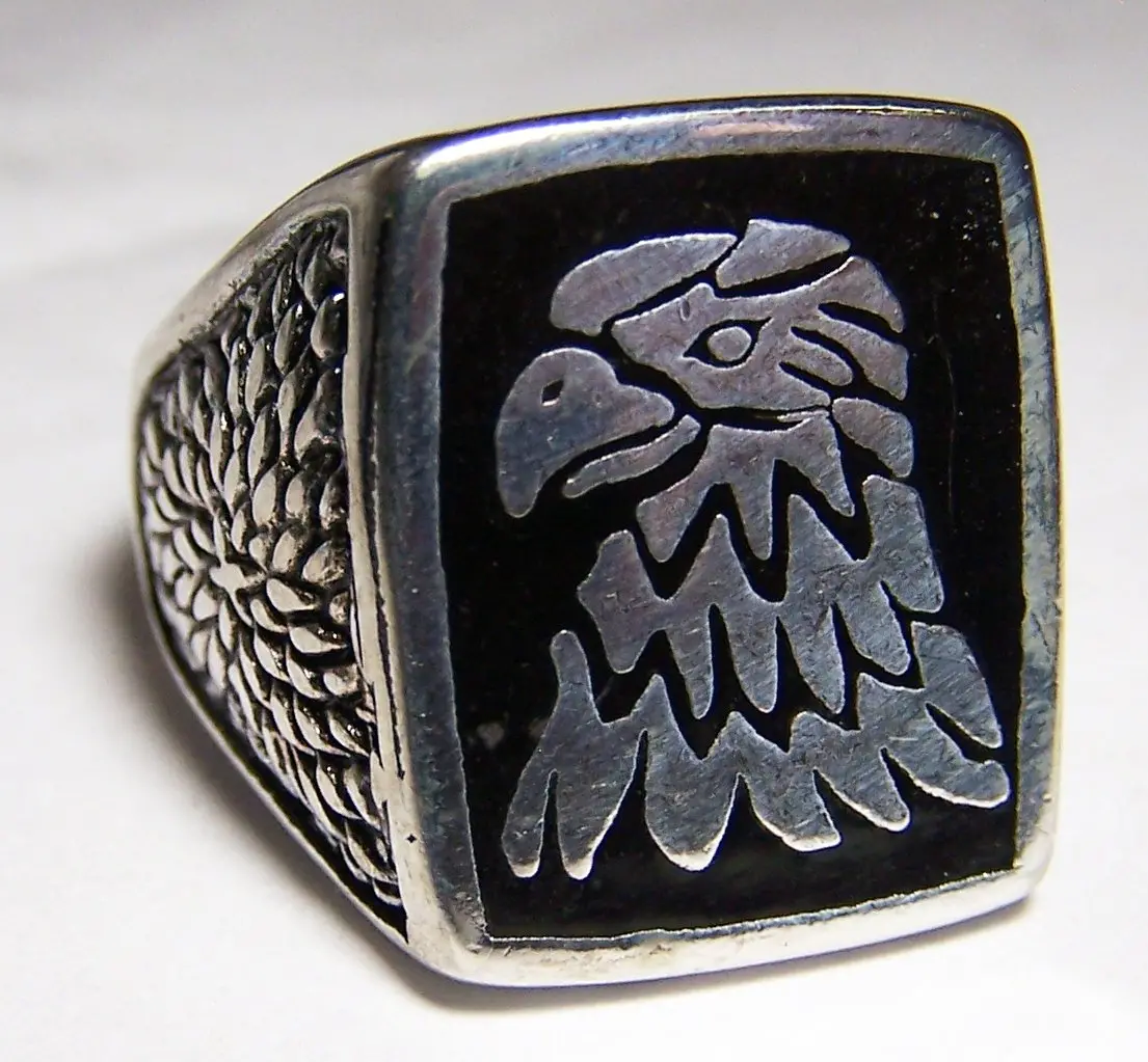 Inlayed Eagle Head Silver Deluxe Biker Ring 1