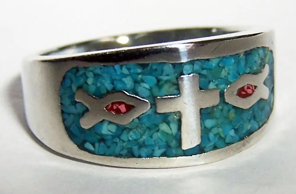 Inlayed Christian Fish Symbol & Cross Deluxe Biker Ring 1