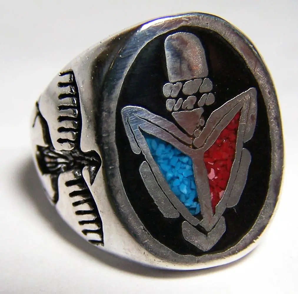 Inlayed Arrowhead Eagle Silver Deluxe Biker Ring 1