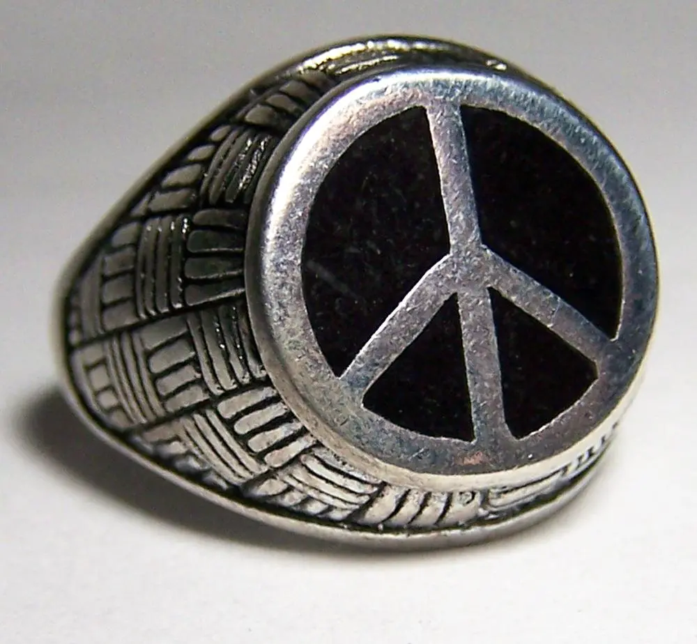 Inlayed Black Peace Sign Silver Deluxe Biker Ring 1
