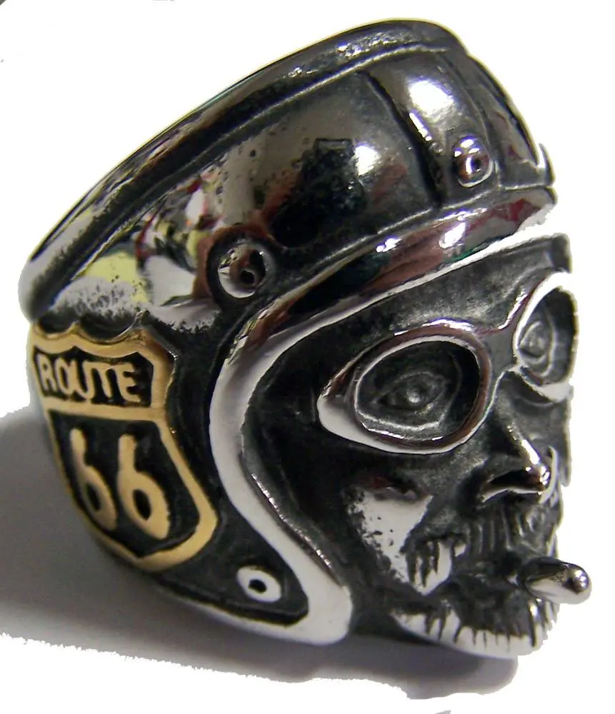 Route 66 Bikers Head With Helmet Stainless Steel Biker Ring 4