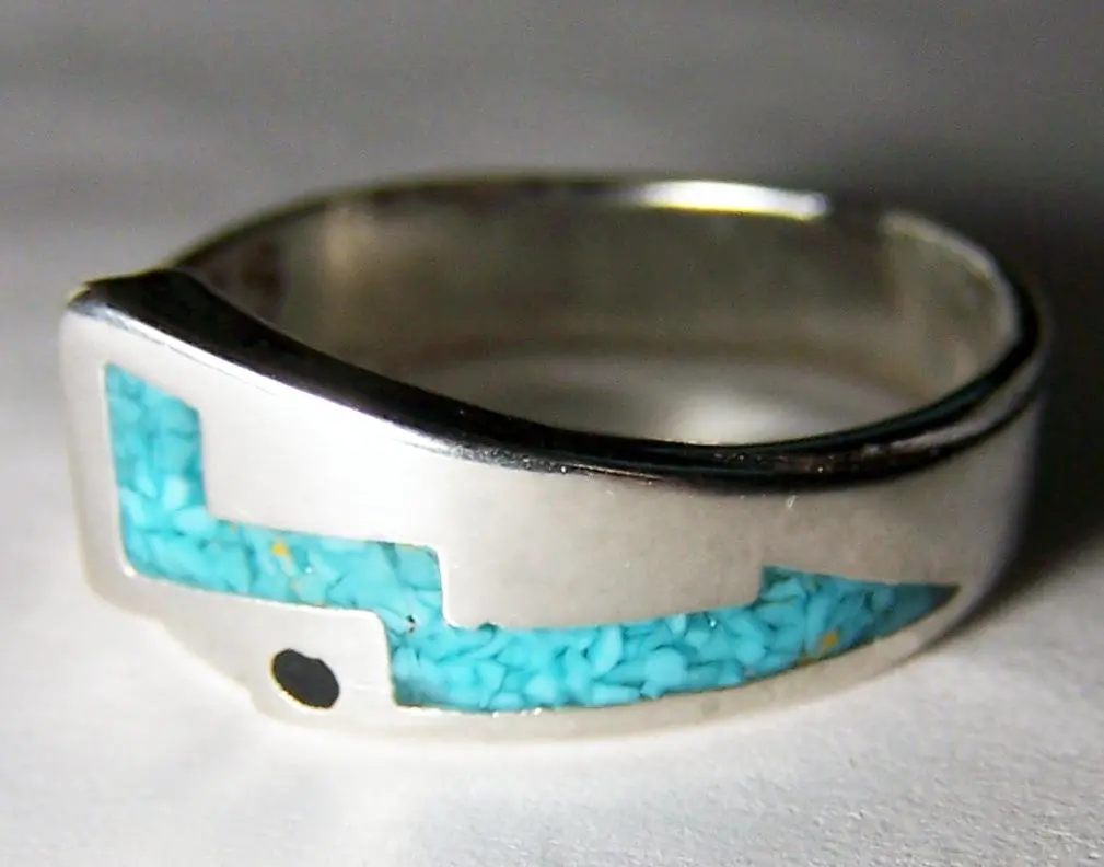 Native Turquoise Blue Inlayed Lightning Bolt Silver Deluxe Biker Ring 1