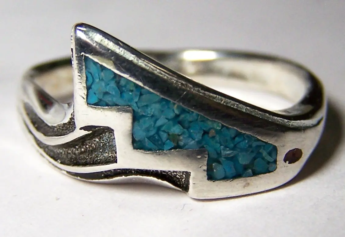 Inlayed Native Indian Style Silver Deluxe Biker Ring 1