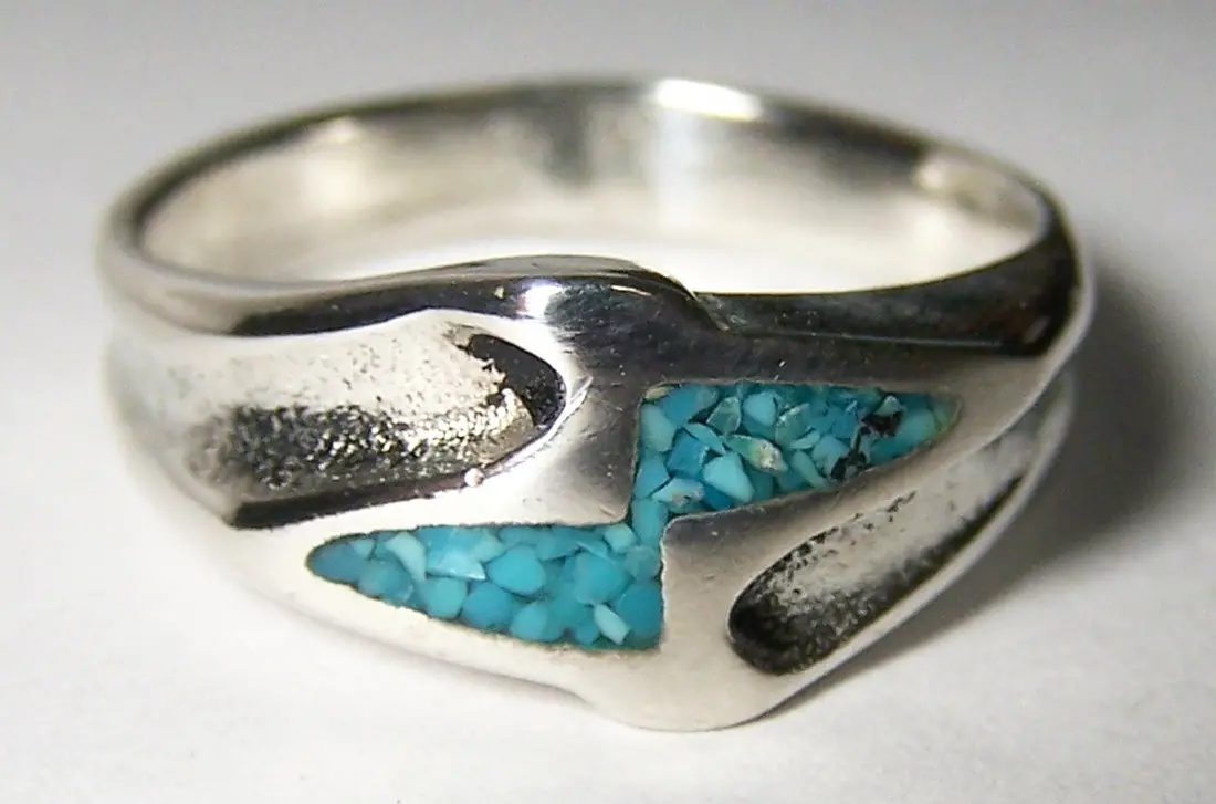 Inlayed Native Lightning Bolt Silver Deluxe Biker Ring 1