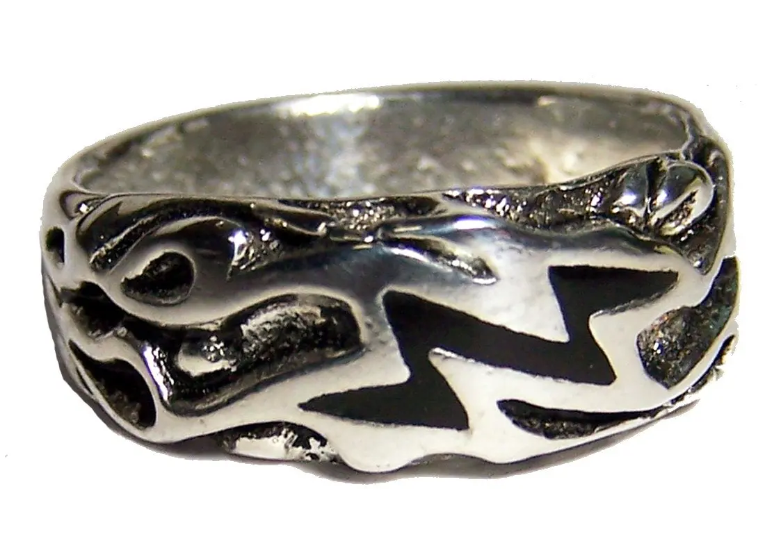 Lightning Bolt Flames Wedding Band Silver Deluxe Biker Ring 1