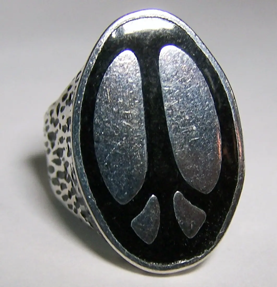 Large Oval Inlayed Peace Sign  Silver Deluxe Biker Ring 1
