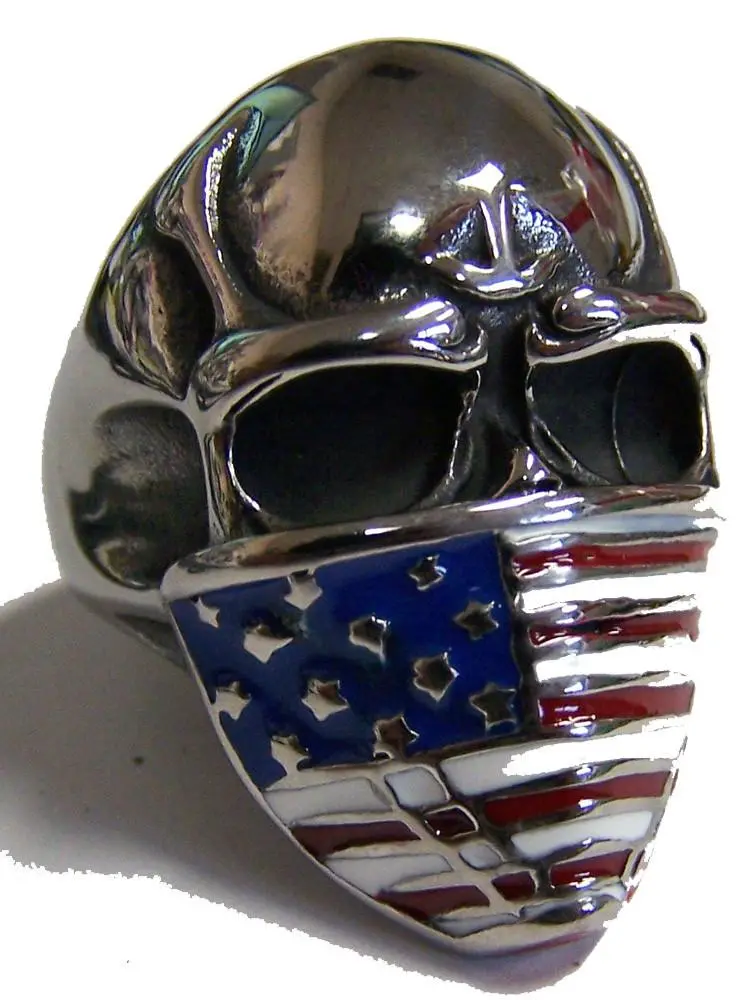 Skull Head American Flag Bandana Stainless Steel Biker Ring 1