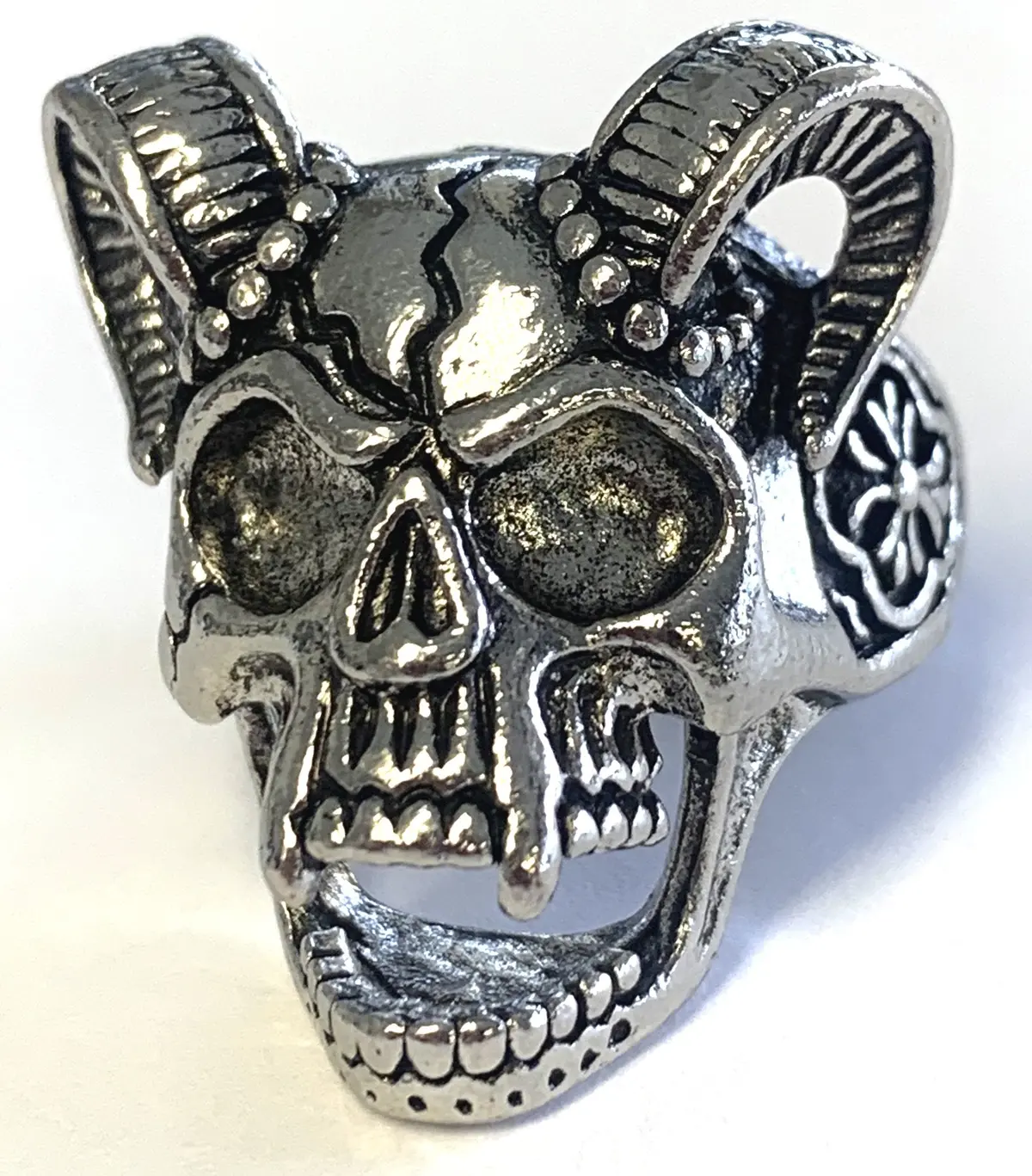 Decorated Skull With Ram Horns Metal Biker Ring (Sold By The Piece) 1