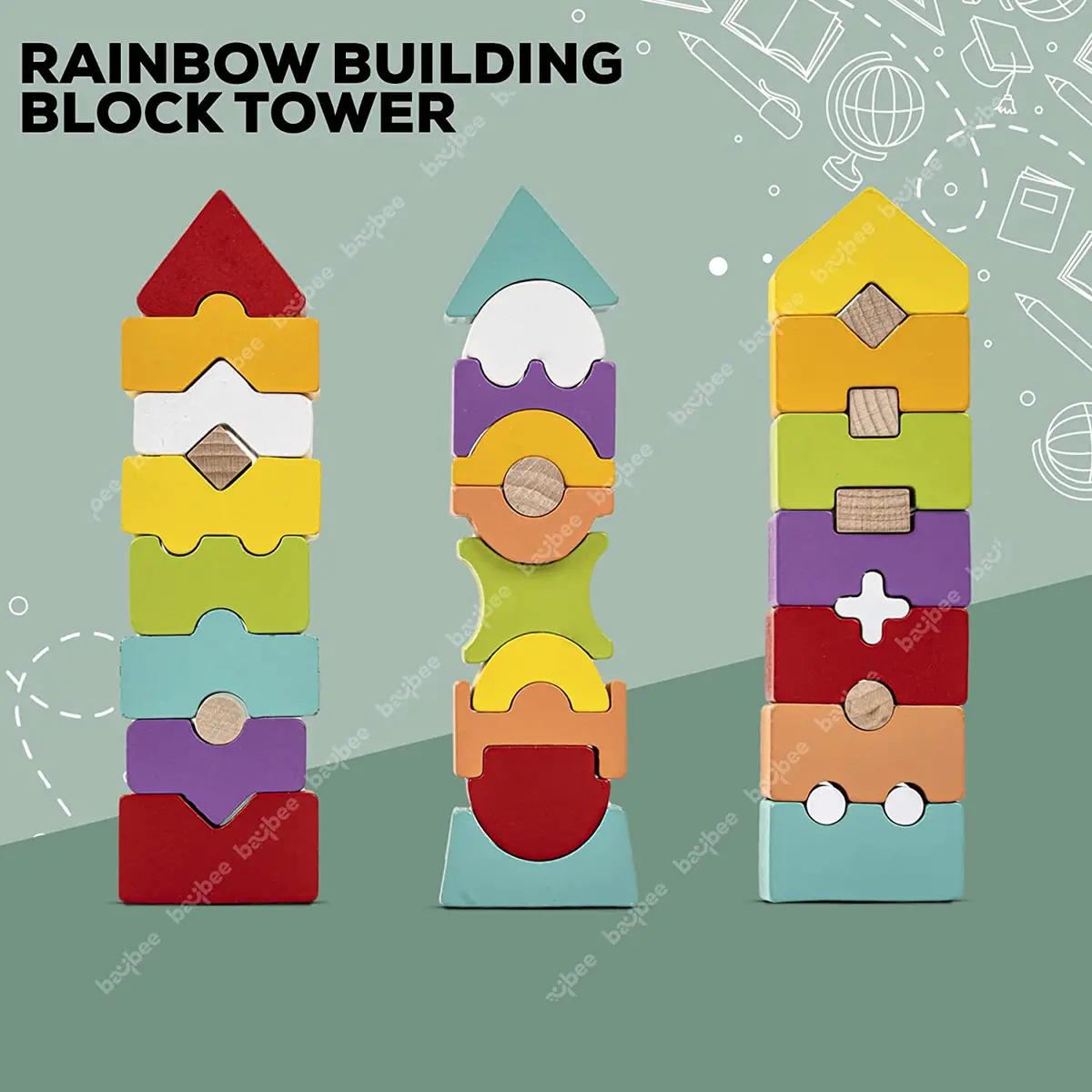 Wooden Rainbow Tower Building Blocks For Kids Toys, Wooden Blocks Toy Color Shape Stacking Game For Children's, Early Learning Educational Baby Toys Block For Kids 3+Years Boy Girl (Assorted) 2