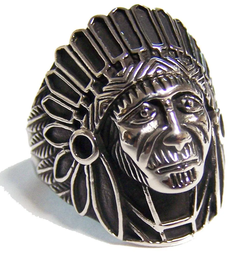Indian Chief Face W Bonnet Stainless Steel Biker Ring 1