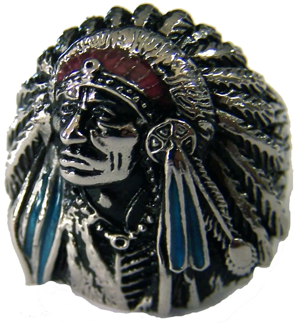 Native Style Indian Cheif W Bonnet Stainless Steel Biker Ring 1