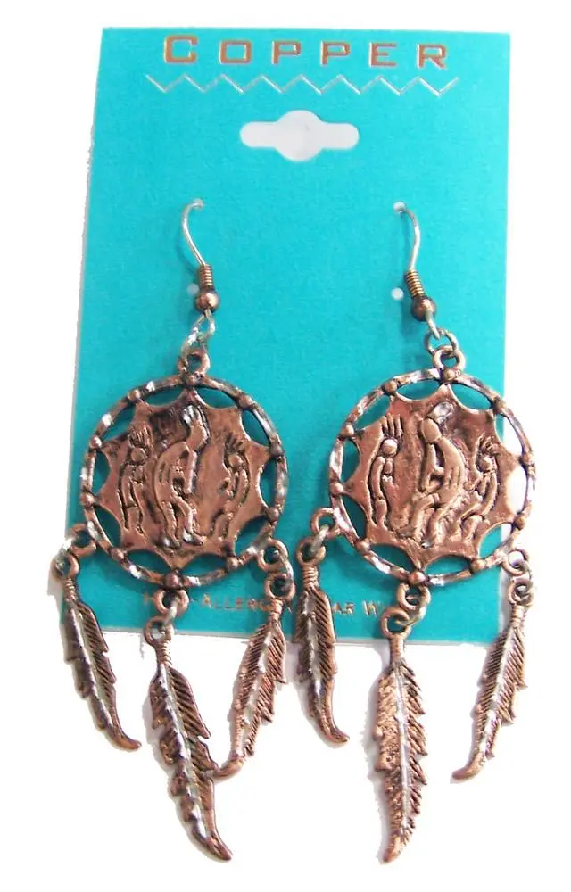 Solid Copper Kokopelli Dancing Indian Man Dream Catcher Dangle Earings 1