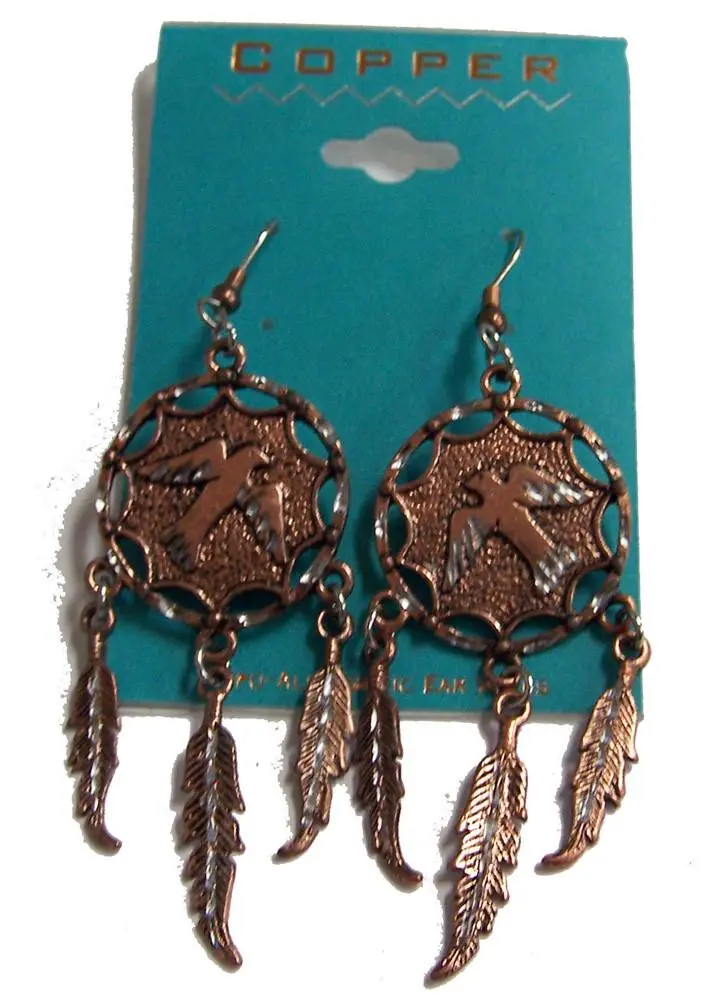 Solid Copper Eagle Dream Catcher Dangle Earings 1