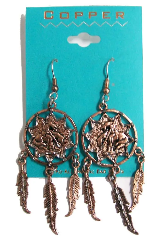 Solid Copper End Of Trail Dream Catcher Dangle Earings 1