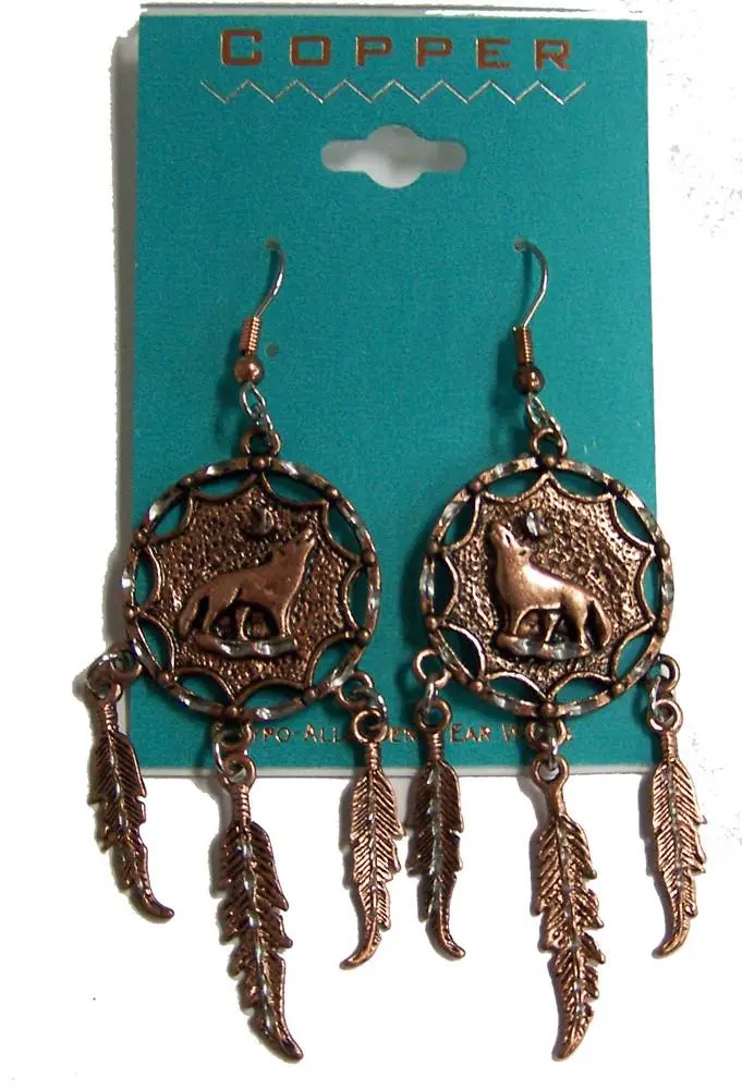Solid Copper Howling Wolf Dream Catcher Dangle Earings 1