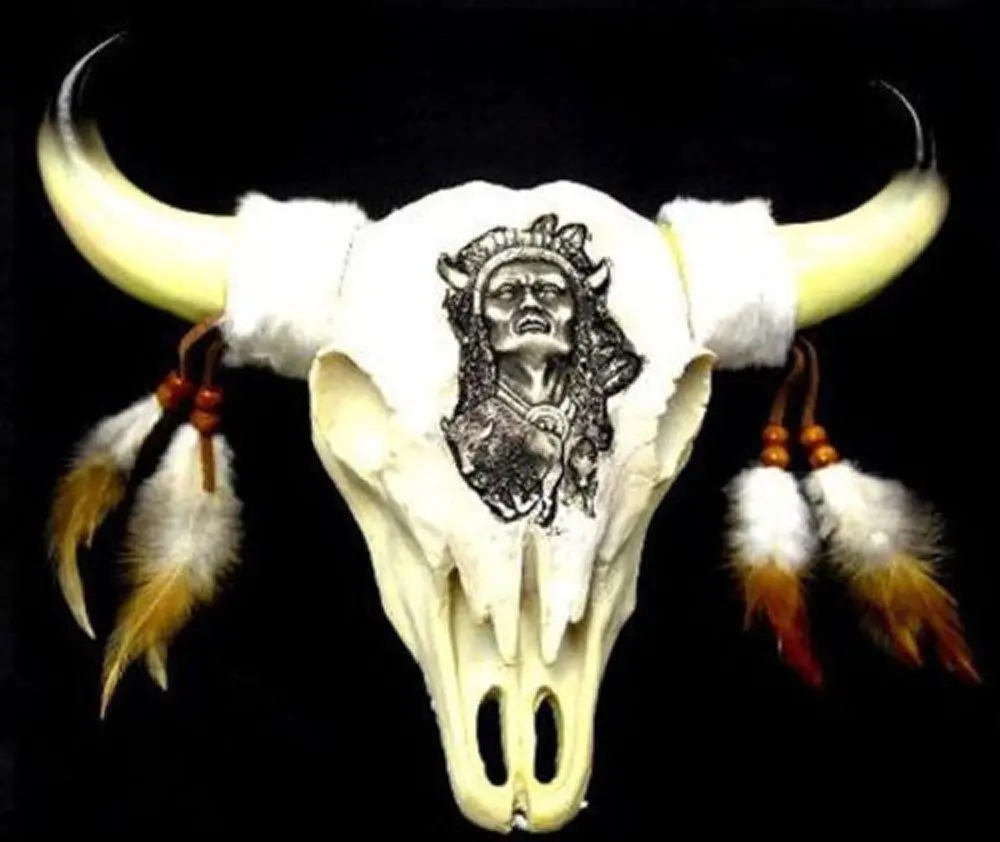 Large 12 Inch Poly Resin Cow Skull Warrior Chief Design 1