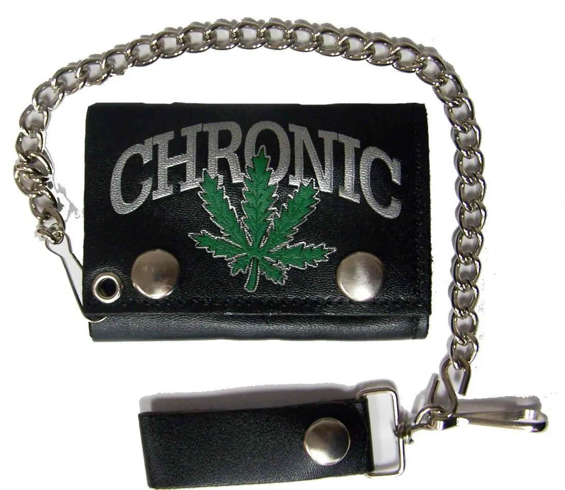 Chronic Marijuana Pot Leaf Trifold Leather Wallets With Chain 1