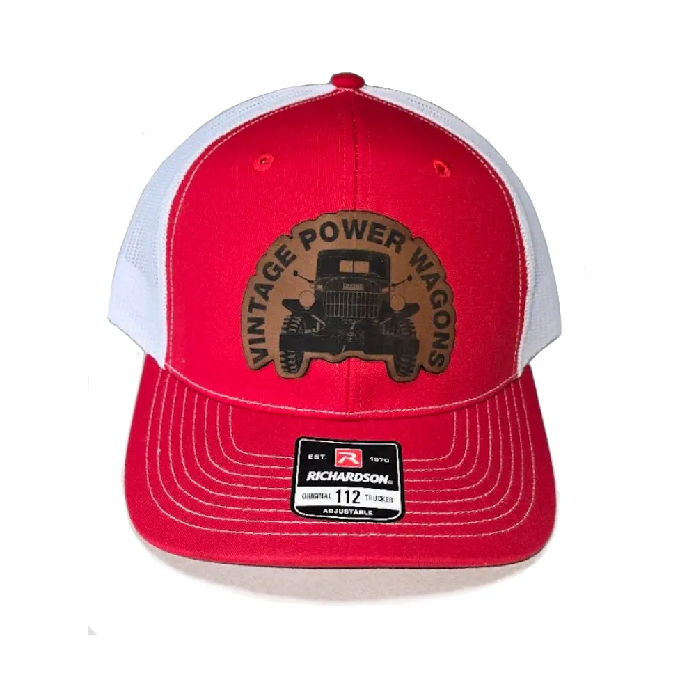 New Vpw Logo Candy Apple & White Hat With Brown Leather Patch - Adjustable, Mesh Back Trucker Cap - Acc-Logo-Cap-Ca-Br 1