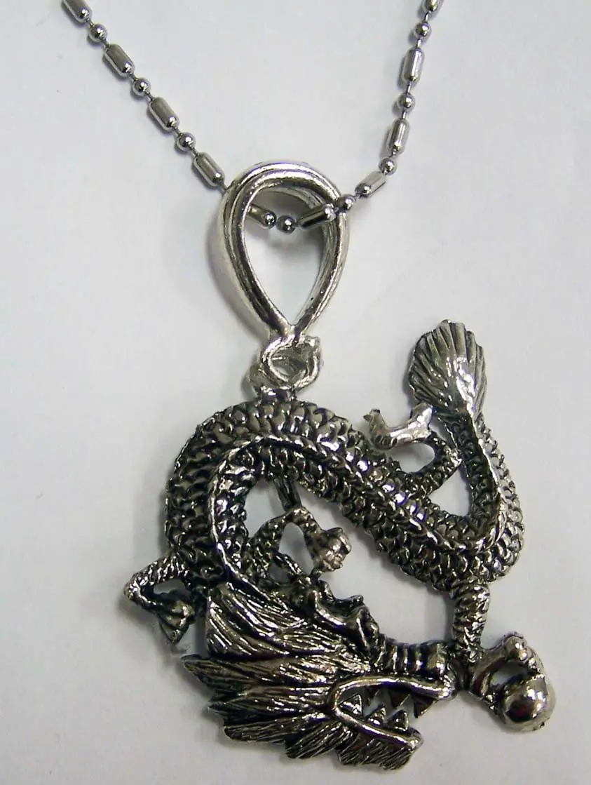 Large Silver Chinese Dragon Pendant On Stailess Steel Ball Chian Necklace 1