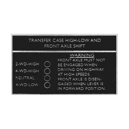 Data Plate #36 - 1957-1960 W-100/200/300 Single Lever Transfer Case Shift Pattern Decal 1