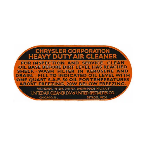 Data Plate #40 - Wwii Wc 1/2 Ton And Civilian Air Cleaner Decal 1