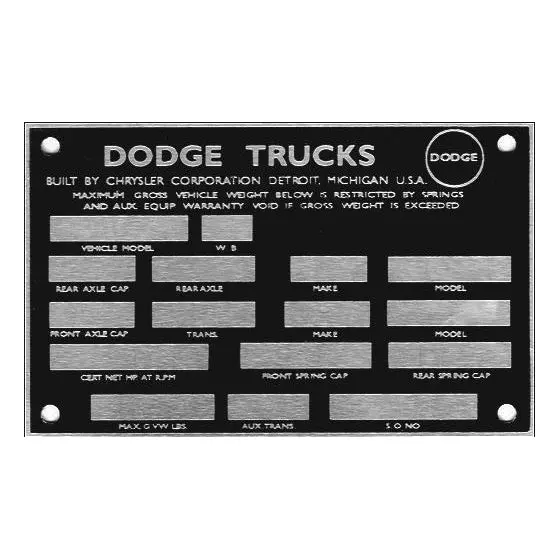 Data Plate #43 - 1958-67 Civilian Truck Main I.D. Plate 1