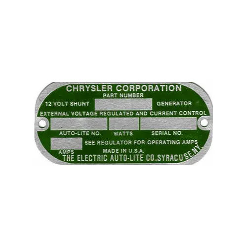 Data Plate #54 - Wwii Green 12 Volt Auto-Lite Generator [Late] 1