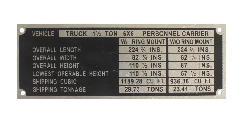 Data Plate #65 - Wc62/Wc63 Weight & Dimensions 1