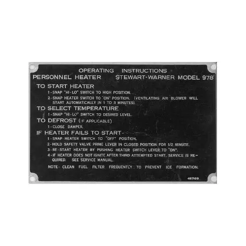 Data Plate #63 - Stewart / Warner 978 Personnel Heater - Operating Instructions 1