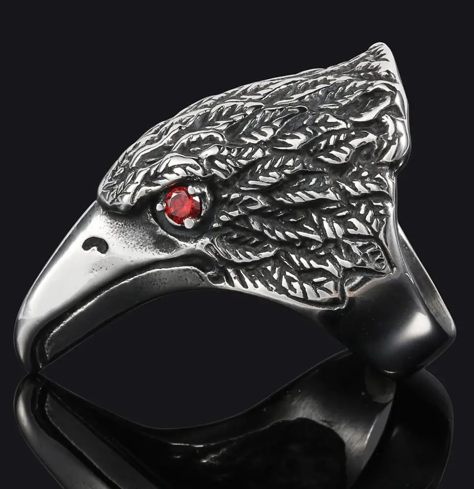 Eagle Head W Red Crystal Eyes  Stainless Steel Biker Ring 1