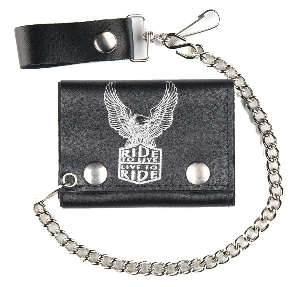 Ride To Live Eagle Wings Up Trifold Leather Wallets With Chain 1