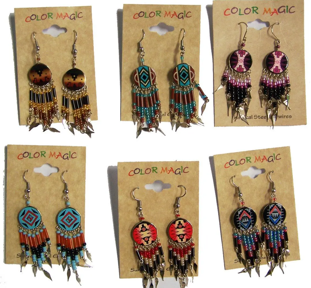 Round Shaped Native Style Seed Bead Dangle Earings 1