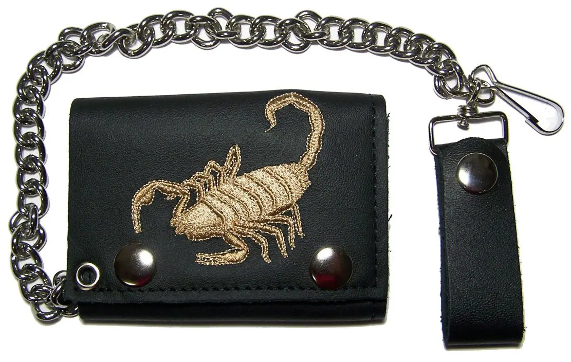 Embroidered Scorpion Trifold Leather Wallet With Chain 1