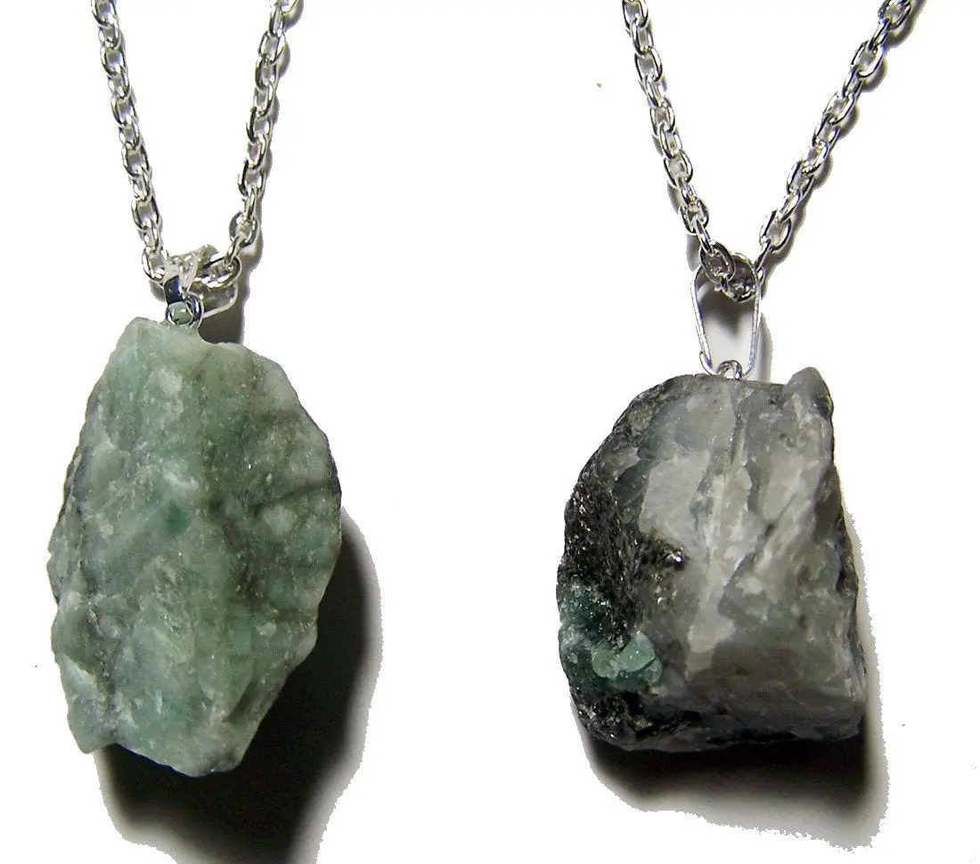 Emerald Rough Natural Mineral Stone 18 In Silver Link Chain Necklace 1