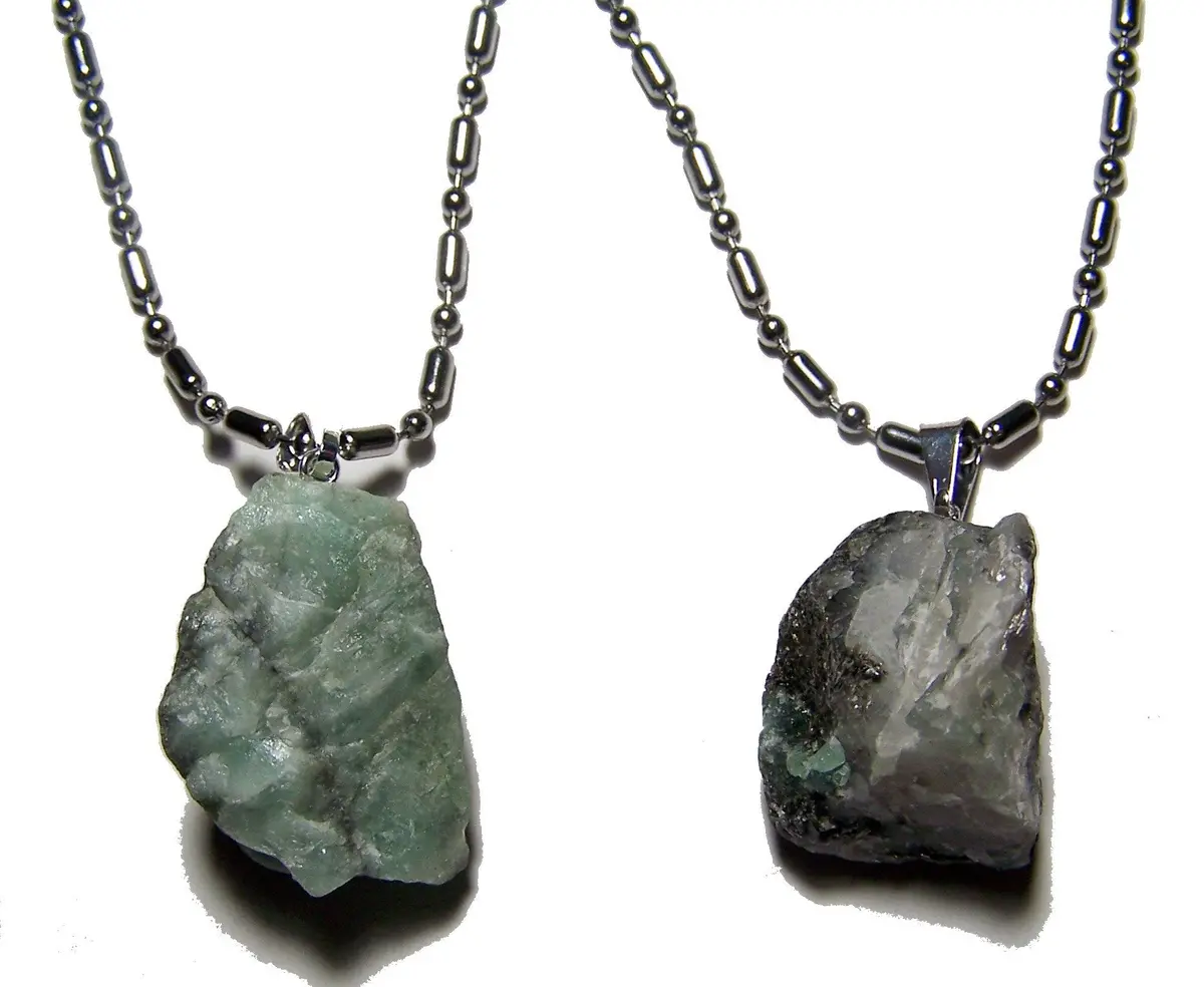 Emerald Rough Natural Mineral Stone Stainless Steel Ball Chain Necklace 1