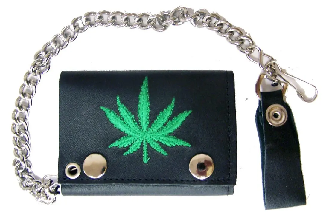 Embroidered Green Marijuana Leaf Trifold Leather Wallet With Chain 1