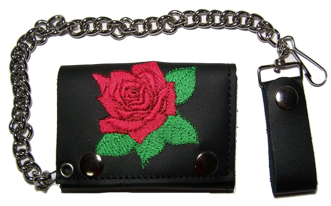Embroidered Red Rose Trifold Leather Wallet With Chain 1