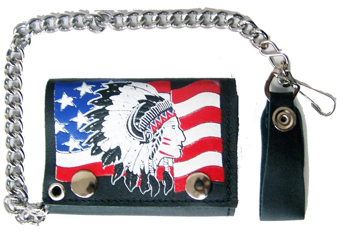 American Flag Indian Chief Trifold Leather Wallet With Chain 1
