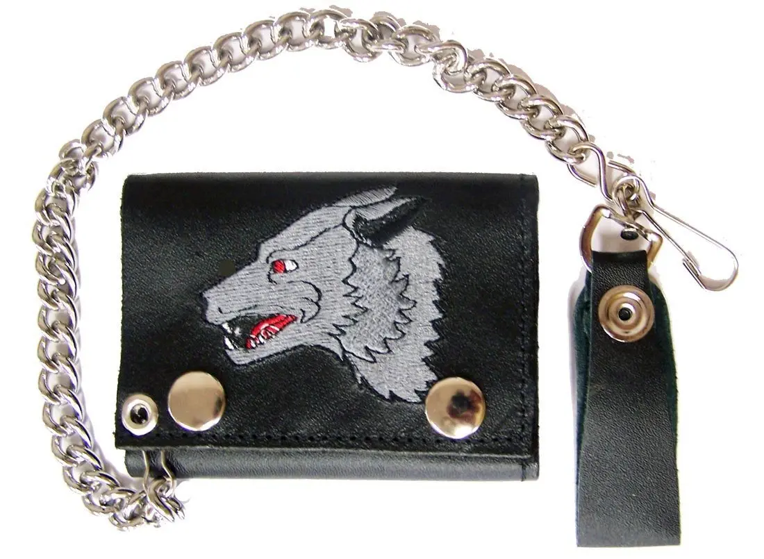 Embroidered Lone Wolf Trifold Leather Wallet With Chain 1